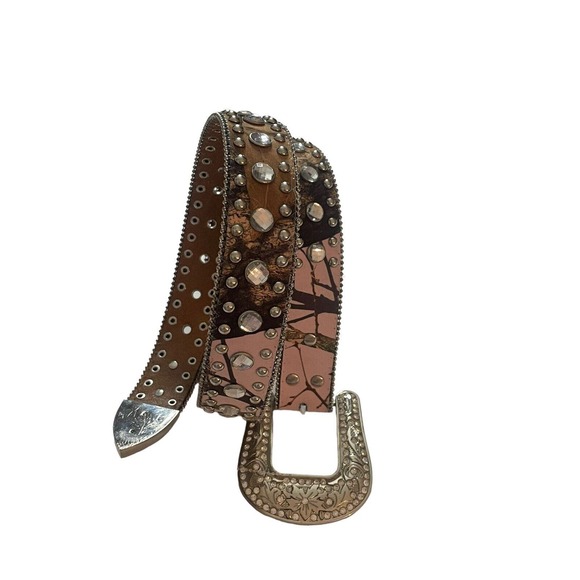 Blazin Roxx Accessories - Blazin Roxx Western Style Bling Leather Belt‎ w /Removable Buckle M Pink Camo
